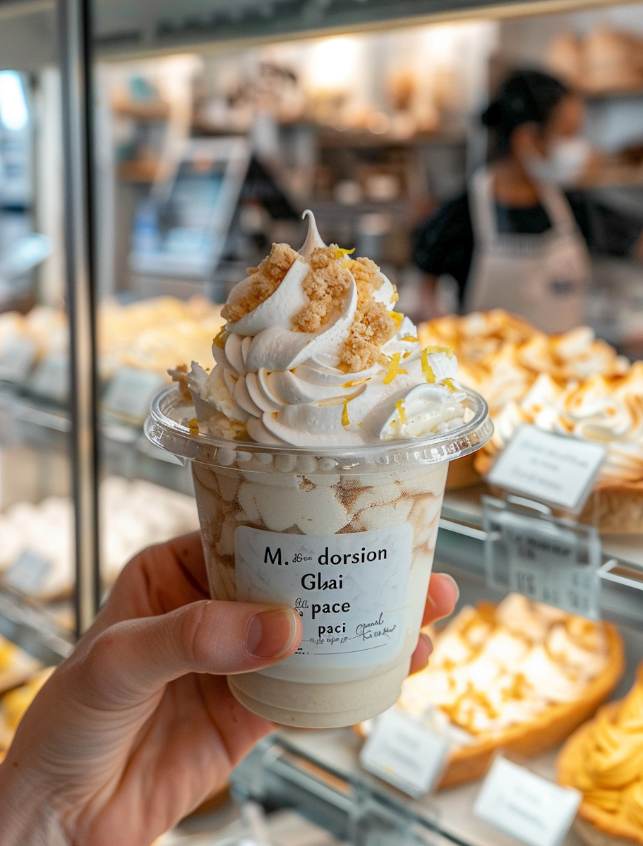 Whipped lemon cream dessert cup held in a pastry shop