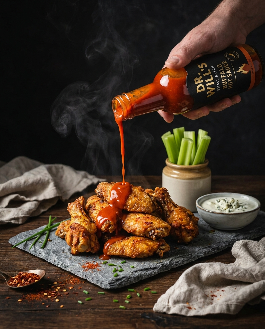 Dr. Will's Buffalo hot sauce poured over chicken wings
