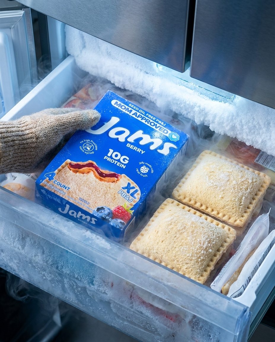 Jams Berry protein PB&J box in a frosty freezer drawer
