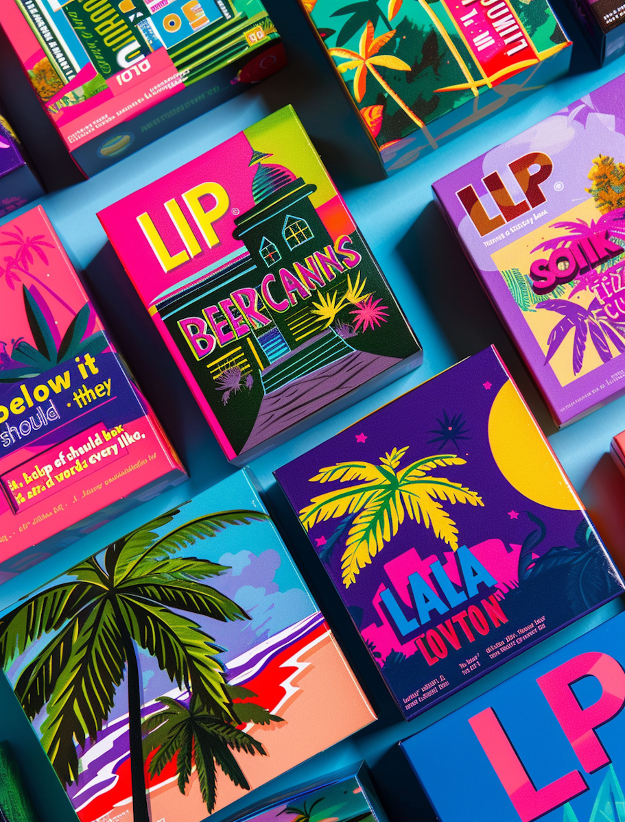 Vibrant neon beer-can carton packaging flat-lay