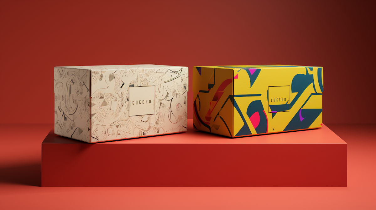 Two patterned product boxes on a red studio podium