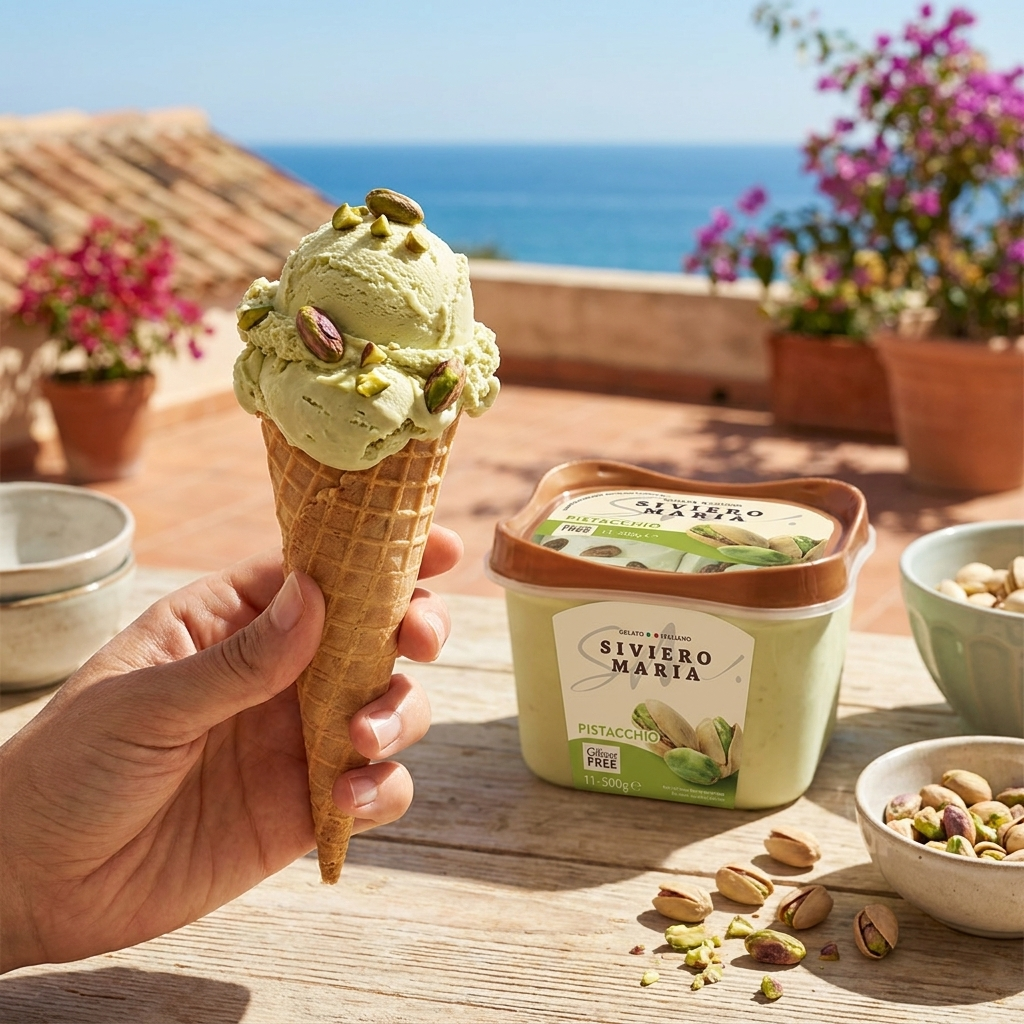 Siviero Maria pistachio gelato cone and tub by the sea