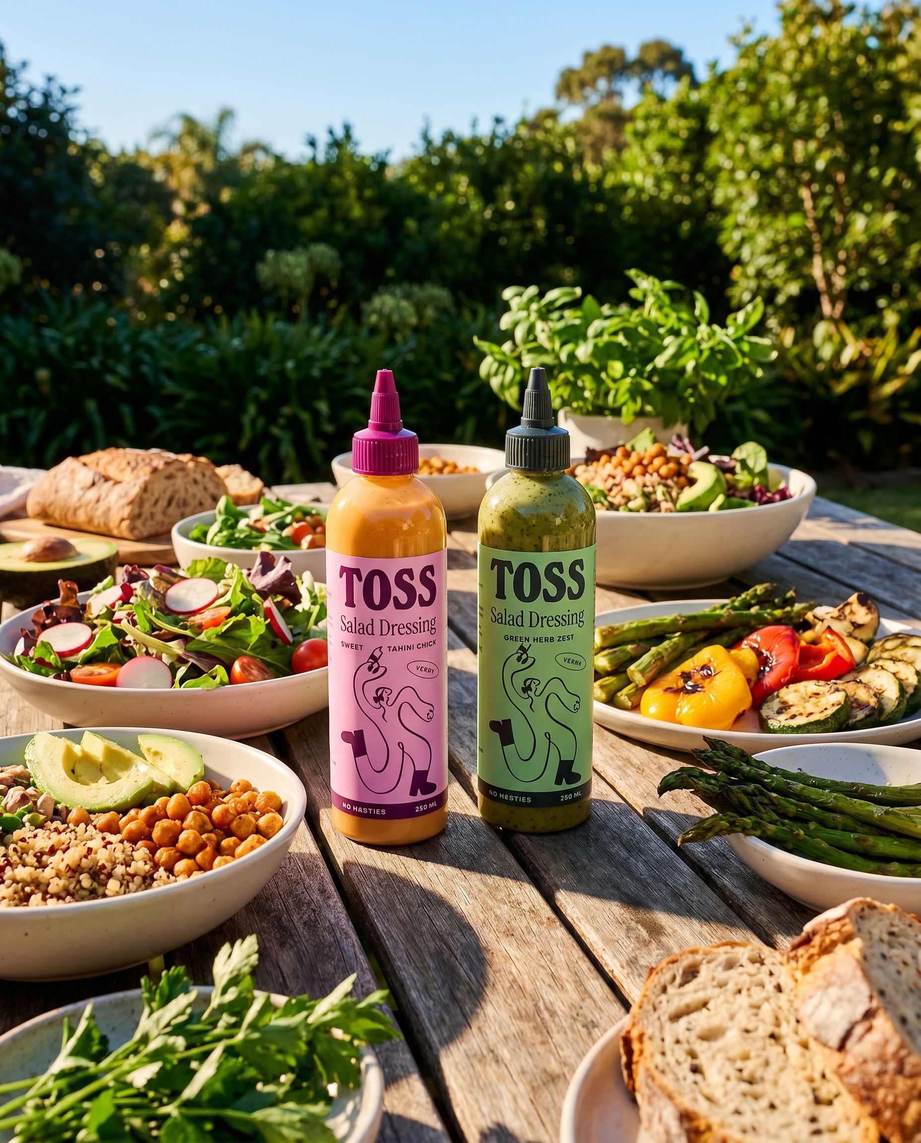 Two TOSS salad dressing bottles on an outdoor table