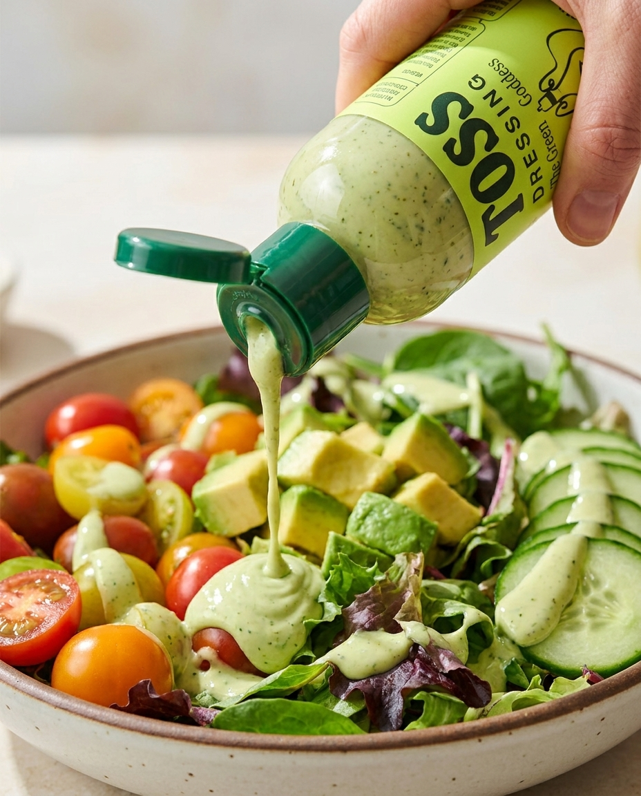 TOSS green goddess dressing poured over a salad bowl
