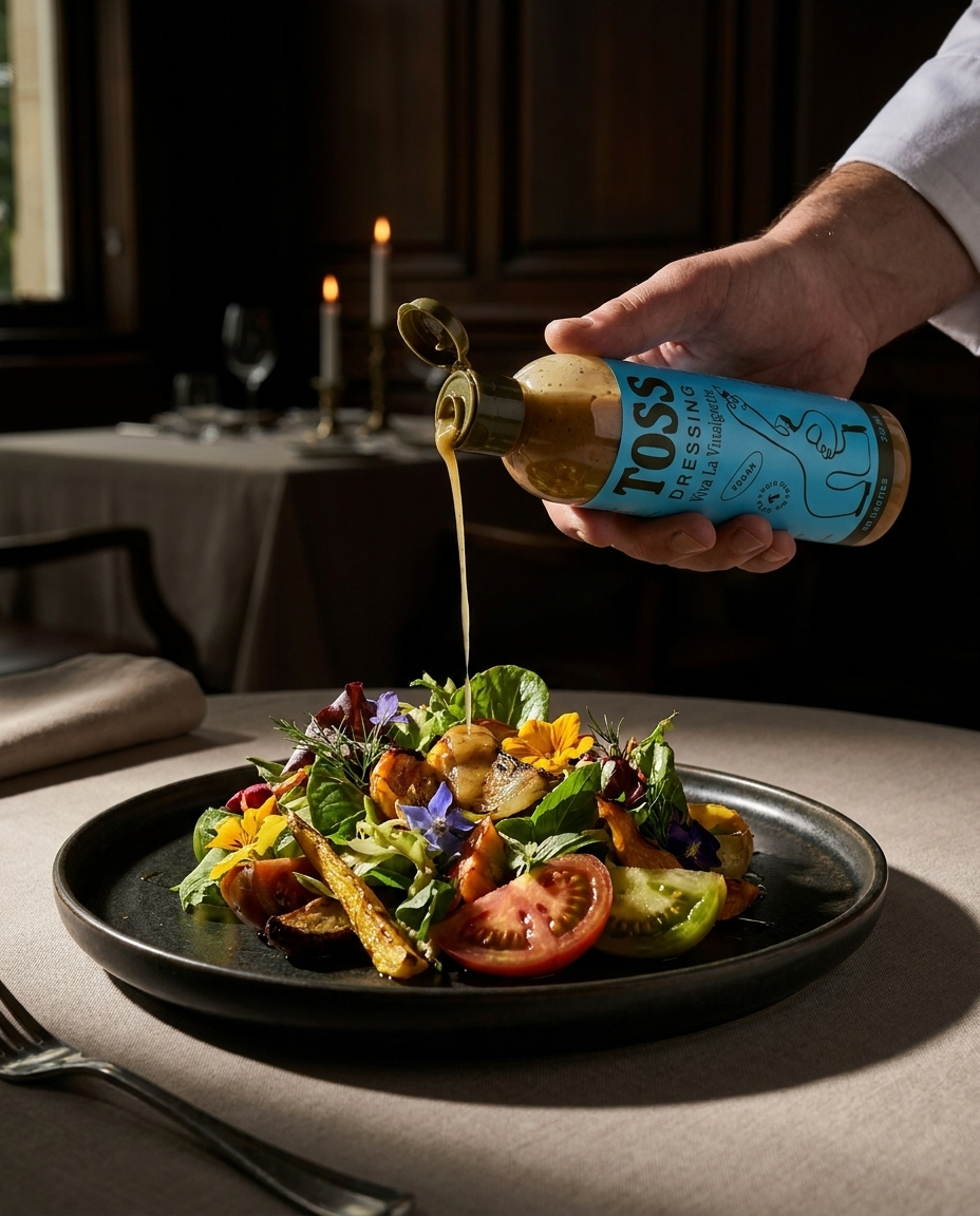 TOSS vinaigrette poured over a plated salad in a restaurant